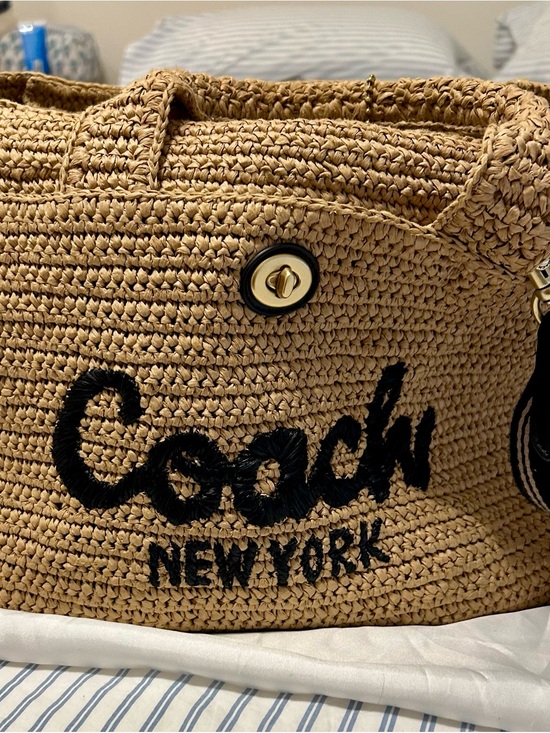 Coach Handbags - Coach Tan Woven Straw Tote with Brown Leather Patch